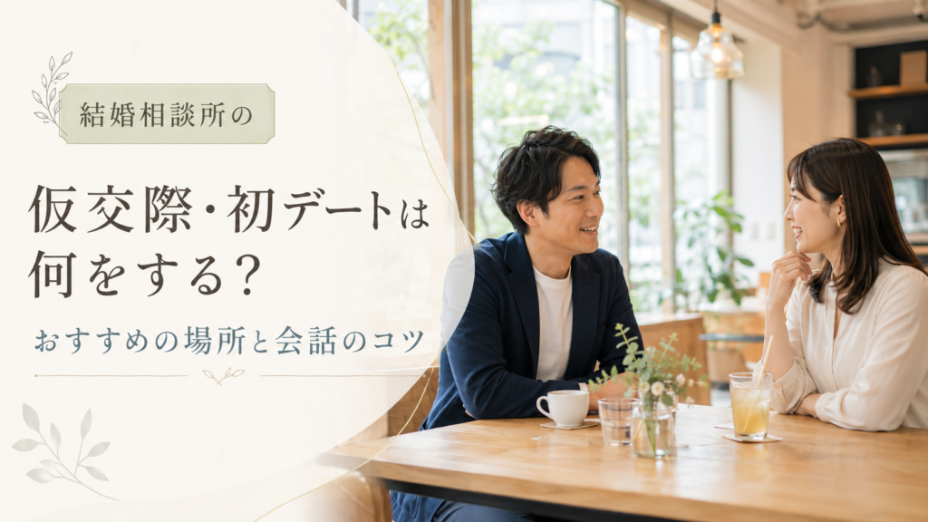 結婚相談所の仮交際で、明るいカフェで初デートを楽しむ30代男女