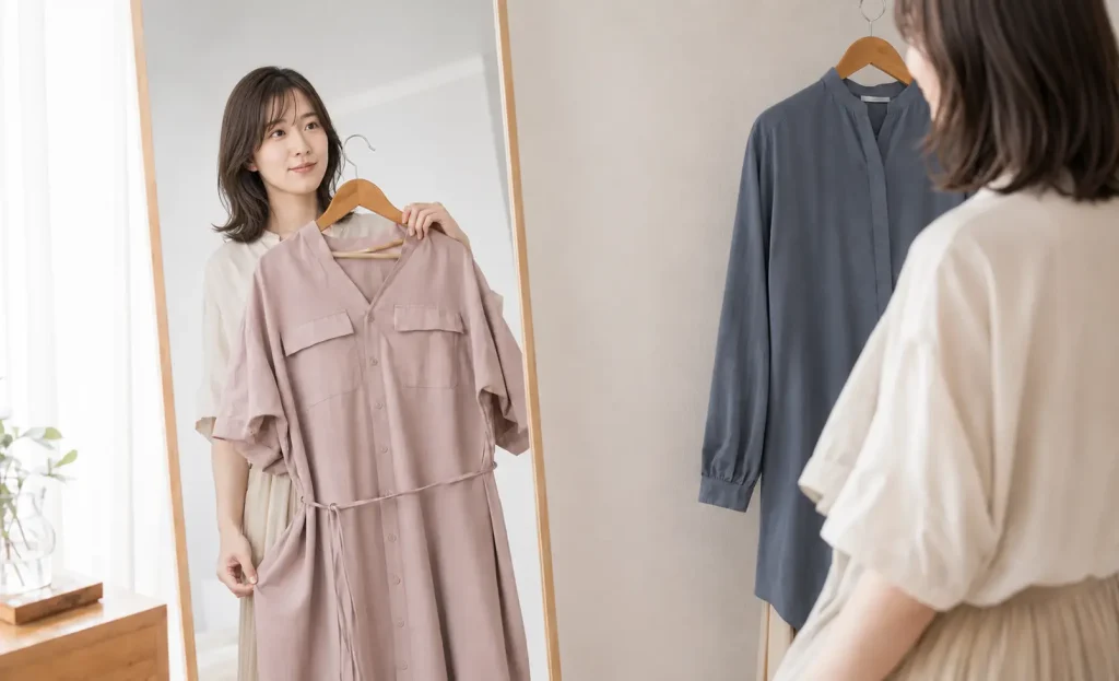 鏡の前で結婚相談所のお見合いに着る服を選ぶ女性
