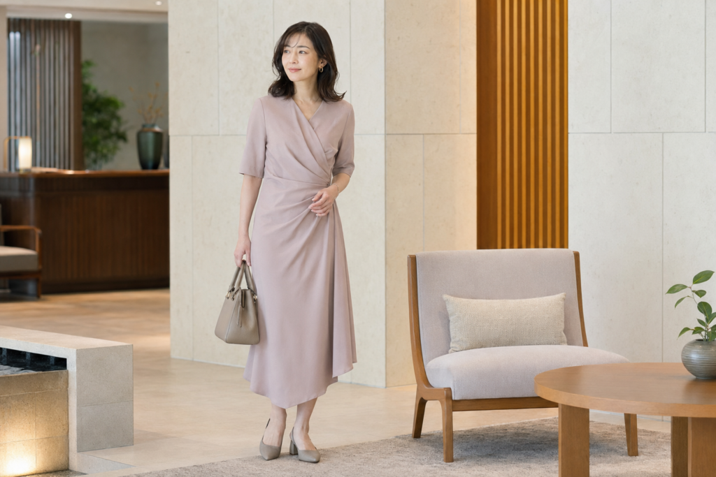 30代女性のお見合いに合うグレイッシュピンクのミモレ丈ワンピースコーデ
