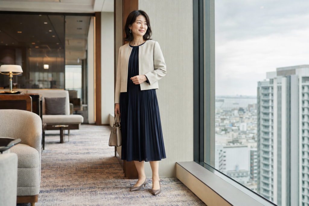 40代女性のお見合いに合うネイビーのワンピースと明るいジャケットのコーデ