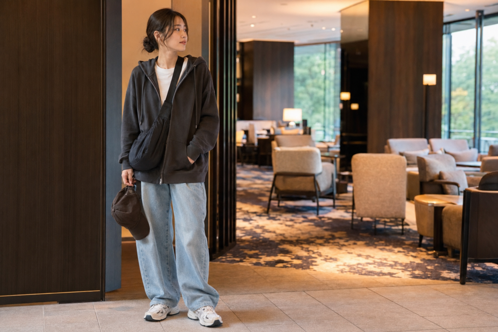 ホテルラウンジのお見合いではカジュアルに見えやすいパーカーとワイドデニムの服装例