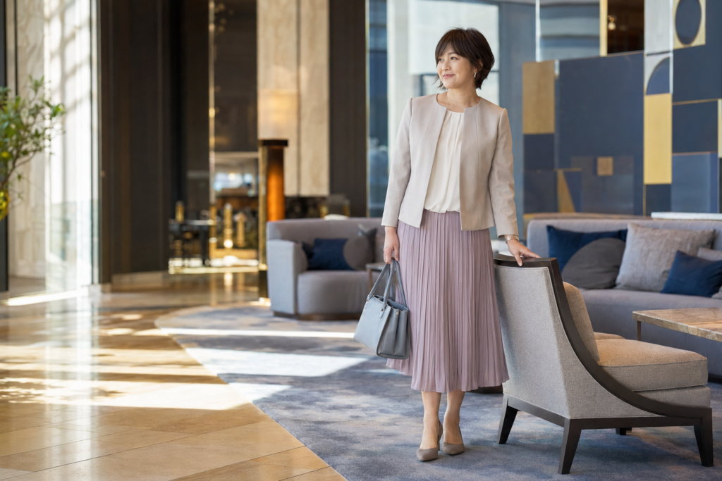 50代女性のお見合いに合う明るいジャケットとダスティラベンダーのスカートコーデ