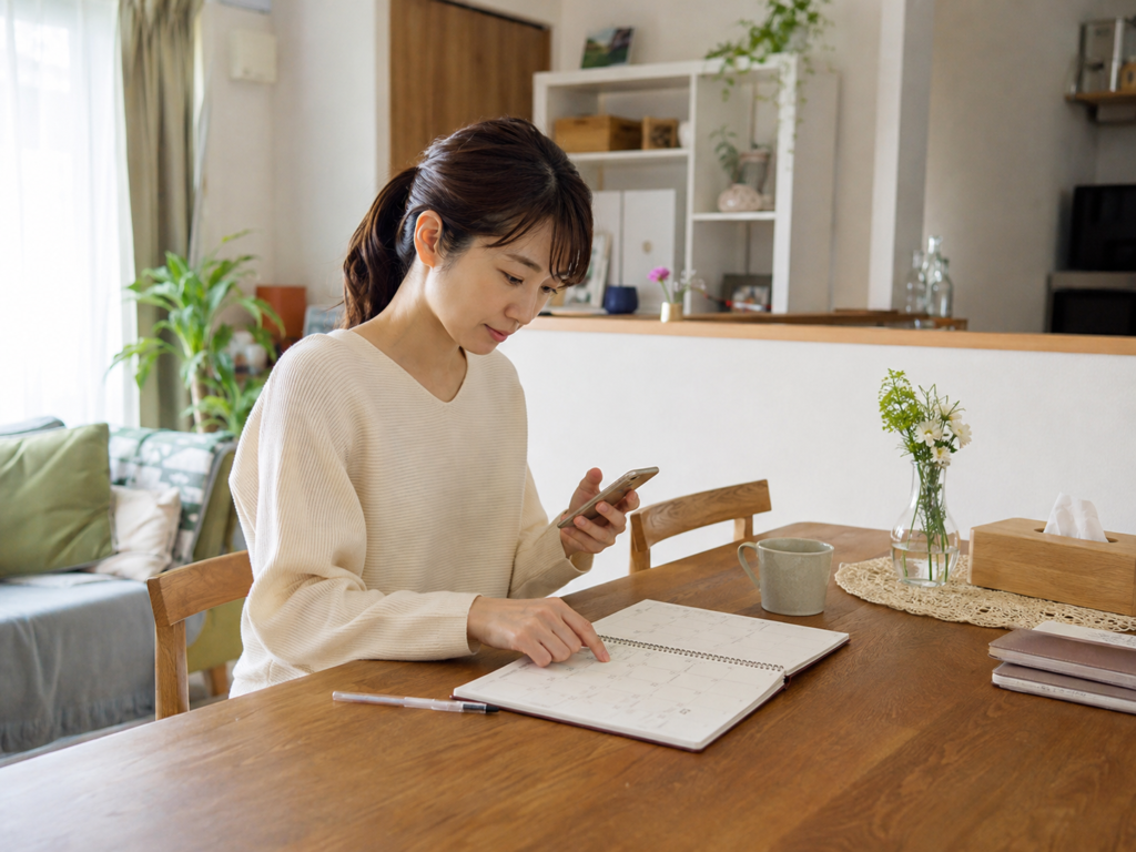 結婚相談所での成婚までの活動期間を手帳で整理する30代女性