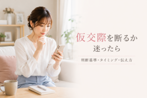 仮交際を続けるか断るか迷いながらスマートフォンを見る女性