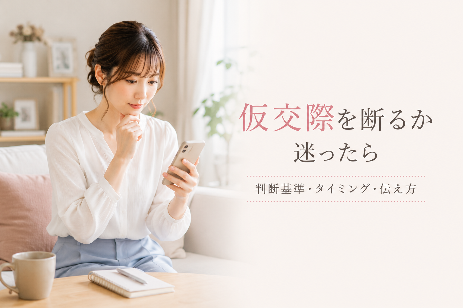 仮交際を続けるか断るか迷いながらスマートフォンを見る女性