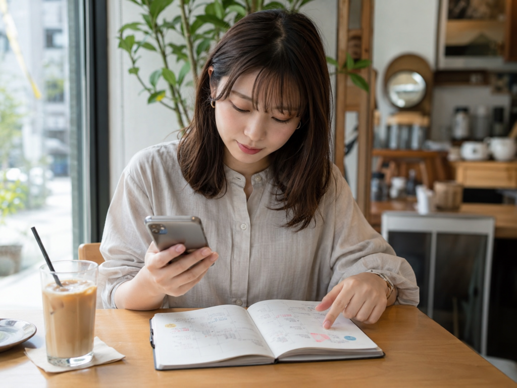 結婚相談所の仮交際で複数の予定を確認する女性