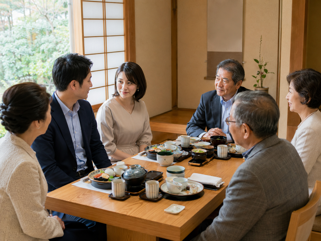 結婚を決めたカップルと両親が集まる両家顔合わせ