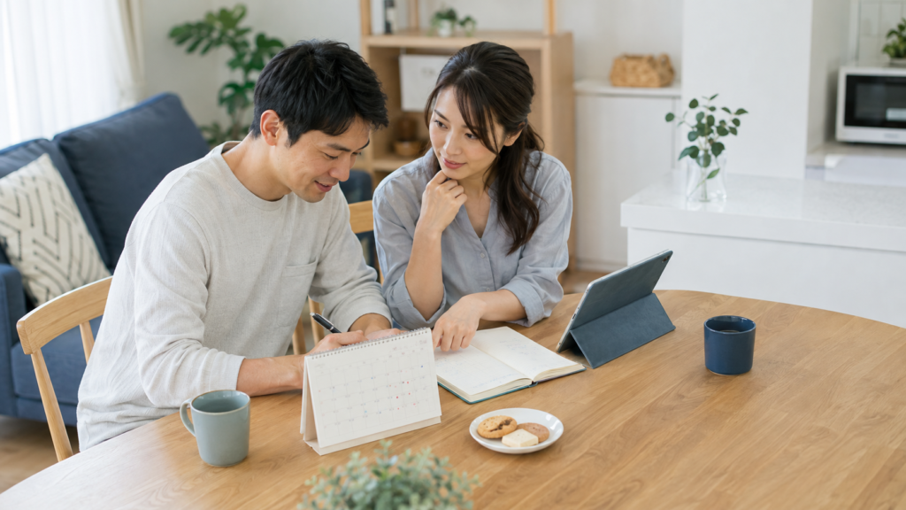 成婚退会後の予定をカレンダーで相談するカップル
