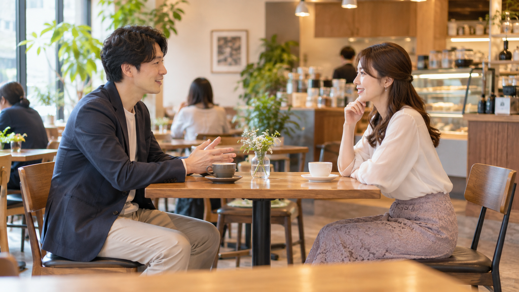 結婚相談所のお見合いで初対面の男女が会話する様子