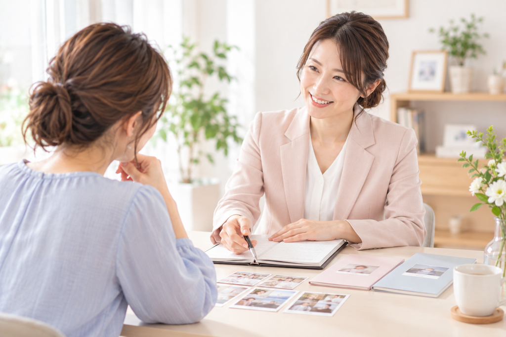 結婚相談所の担当者に婚活の進め方を相談する女性