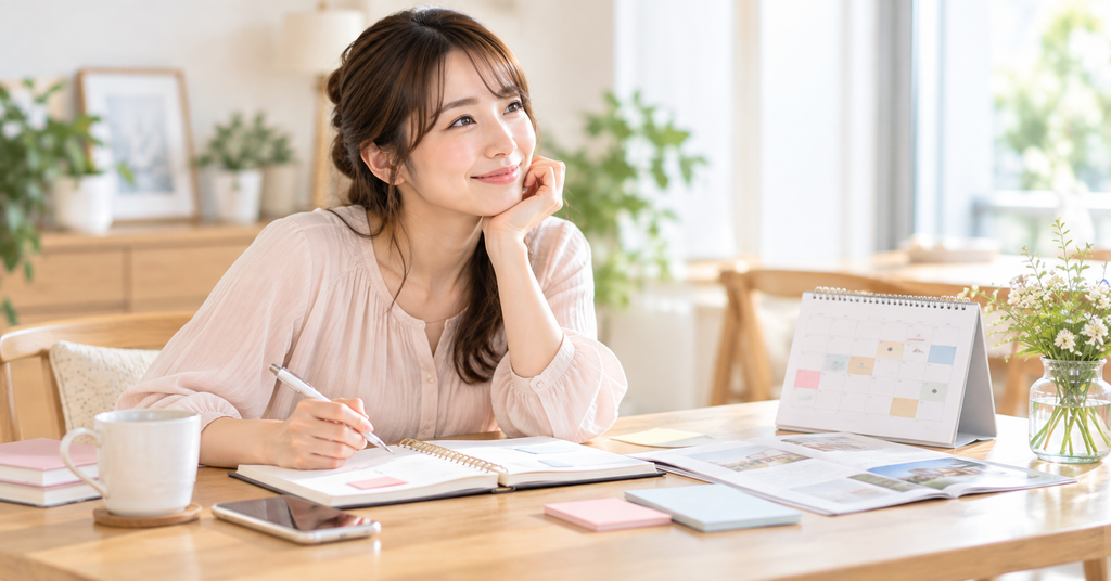 結婚相談所での婚活スケジュールをノートで整理する様子