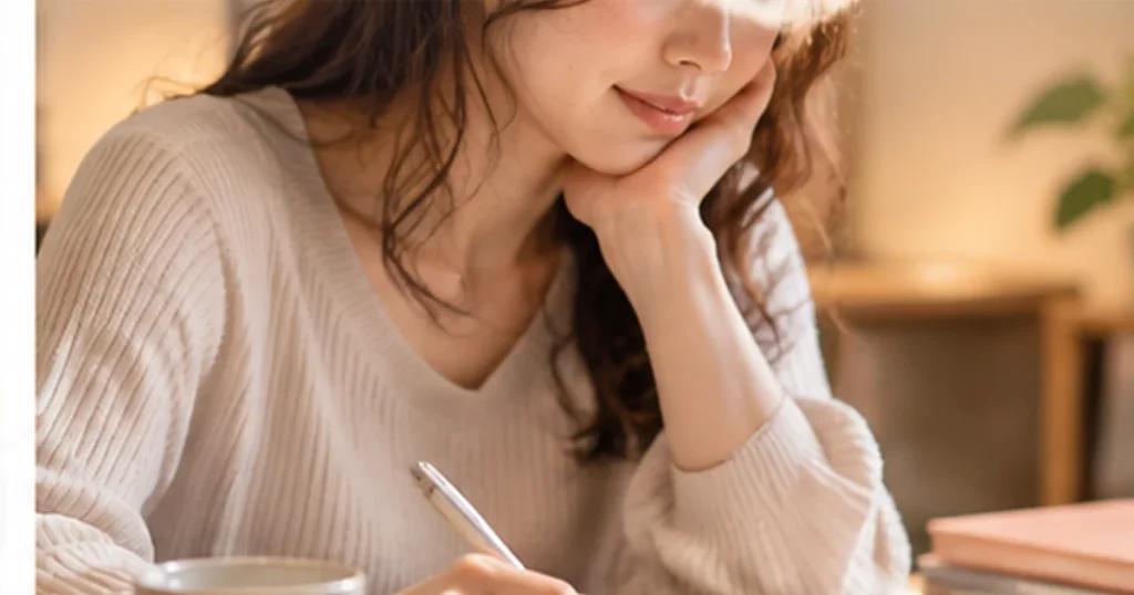 無料相談を振り返り手帳に気持ちを書き留める女性